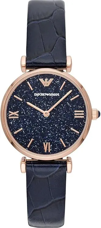 Emporio Armani Reloj de mujer, Movimiento de dos manecillas, 32mm Caja de acero con correa de piel, AR11424, Tono oro rosa y azul