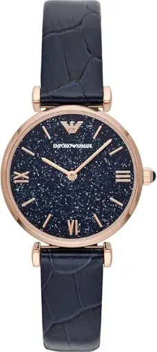 [AR11424] Emporio Armani Reloj de mujer, Movimiento de dos manecillas, 32mm Caja de acero con correa de piel, AR11424, Tono oro rosa y azul